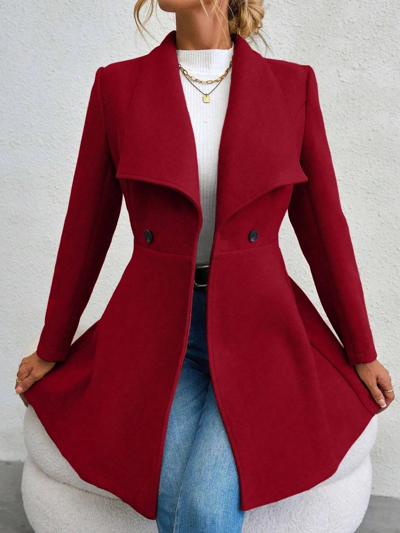 Mia Muse Women's Coat Winter Solid Color Long Sleeve Lapel Button-Up Work Coats New Year Red Valentine's Day Gift Outerwears