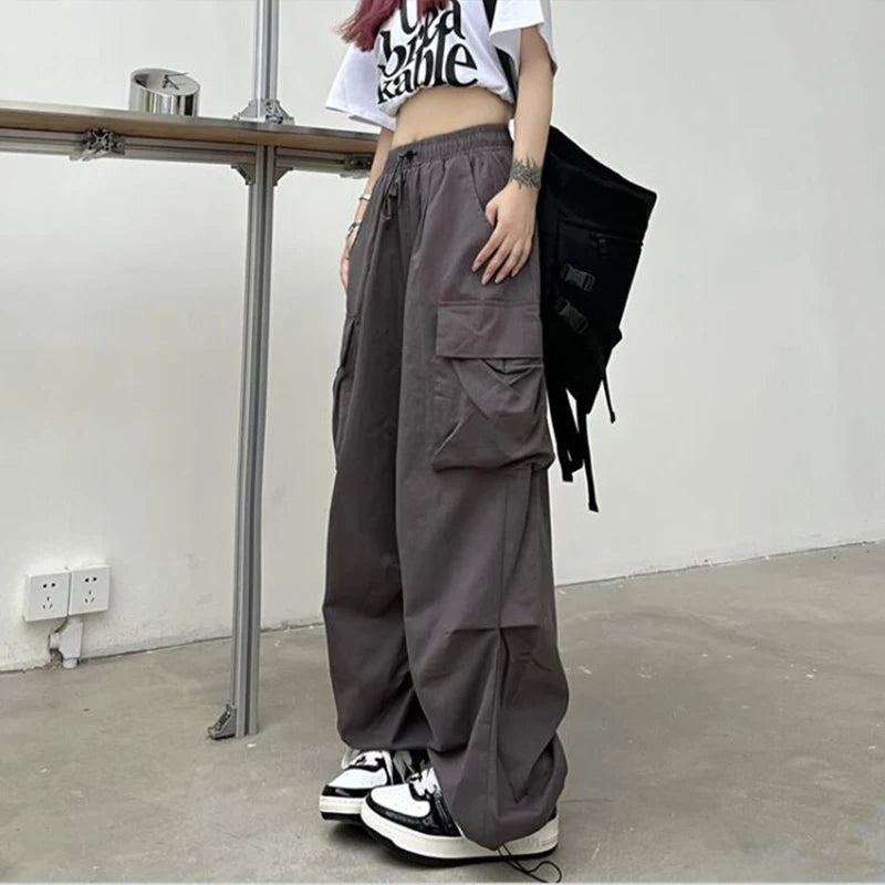 2024 Women Casual Joggers Tech Pants Solid Low Waist Pants Drawstring Wide Leg Baggy Trousers Y2k Streetwear Oversize Sweatpants