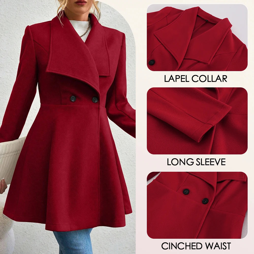 Mia Muse Women's Coat Winter Solid Color Long Sleeve Lapel Button-Up Work Coats New Year Red Valentine's Day Gift Outerwears