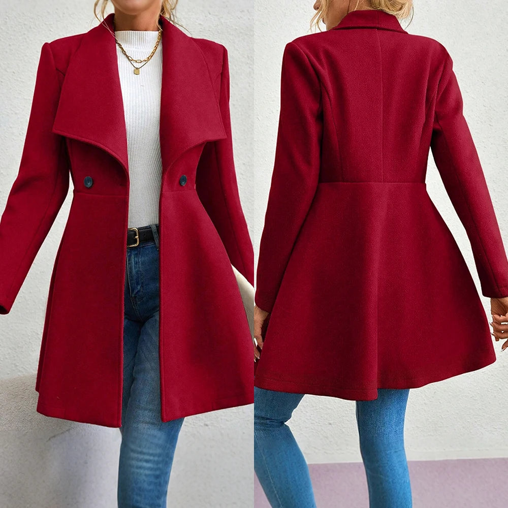 Mia Muse Women's Coat Winter Solid Color Long Sleeve Lapel Button-Up Work Coats New Year Red Valentine's Day Gift Outerwears