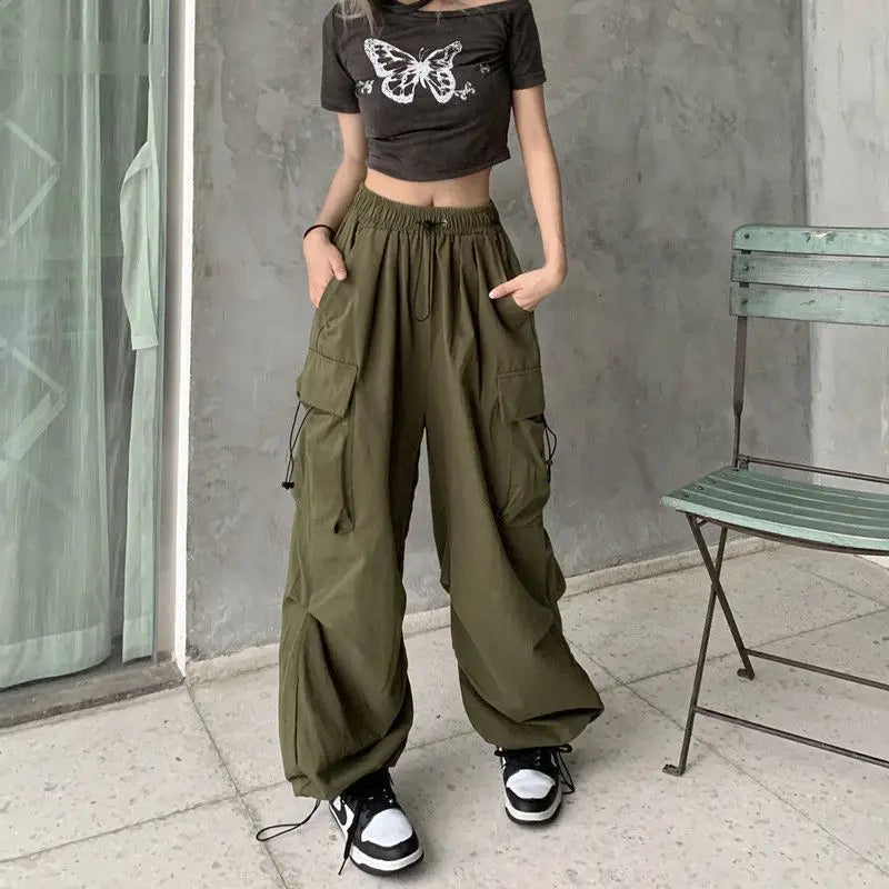 2024 Women Casual Joggers Tech Pants Solid Low Waist Pants Drawstring Wide Leg Baggy Trousers Y2k Streetwear Oversize Sweatpants