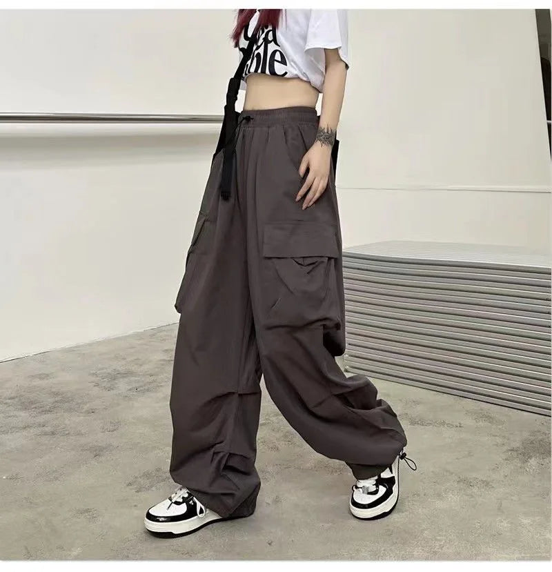 2024 Women Casual Joggers Tech Pants Solid Low Waist Pants Drawstring Wide Leg Baggy Trousers Y2k Streetwear Oversize Sweatpants