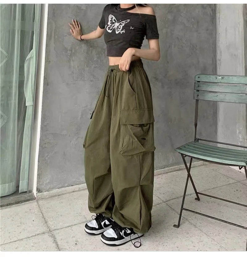 2024 Women Casual Joggers Tech Pants Solid Low Waist Pants Drawstring Wide Leg Baggy Trousers Y2k Streetwear Oversize Sweatpants