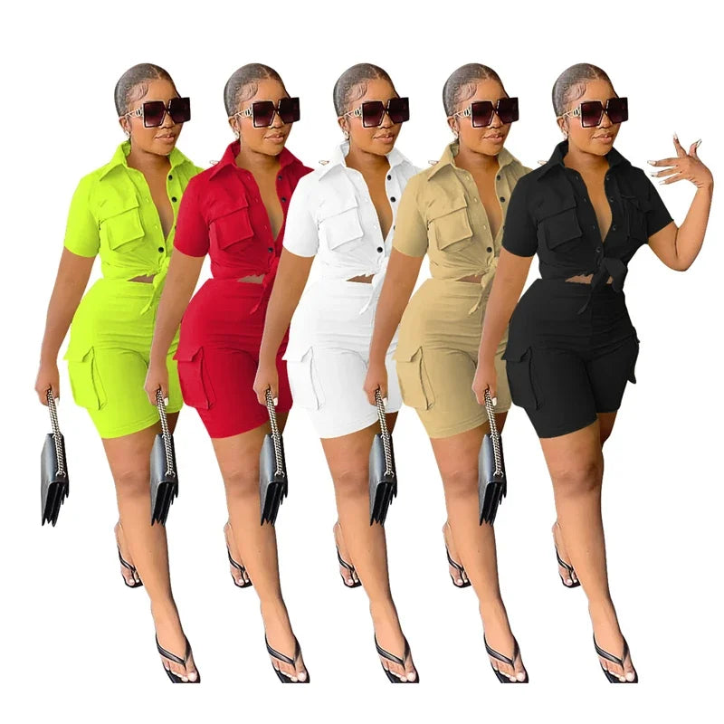 Streetwear Two Piece Set for Women Summer Outfits Pockets Short Sleeve Button-Up Shirt Top Short Sets Party Club Matching Sets