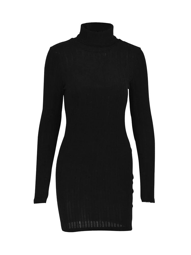 New Solid Dresses Autumn Winter Women Long Sleeves Turtleneck Sexy Bodycon Sheath Mini Dress Club Elegant Party Knitted Dresses