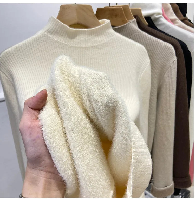 Turtleneck Winter Sweater Women Elegant Thicken Velvet Lined Warm Sueter Knitted Pullover Slim Tops Jersey Knitwear Jumper New