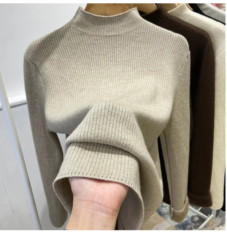 Turtleneck Winter Sweater Women Elegant Thicken Velvet Lined Warm Sueter Knitted Pullover Slim Tops Jersey Knitwear Jumper New