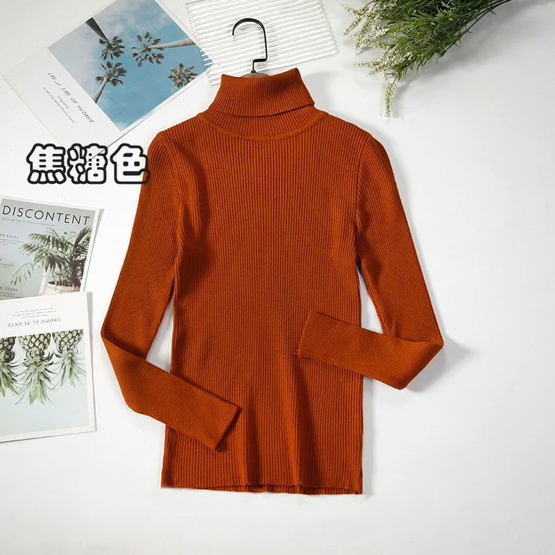 2024 Simple Women Turtleneck Sweater Winter Fashion Pullover Elastic Knit Ladies Jumper Casual Solid Black Female Basic Tops