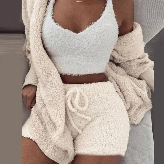 3Pcs Women Cardigan Crop Top Shorts Set Autumn Plush Sexy Vest Long Sleeve Coat Drawstring Shorts Suit Sports Outfits