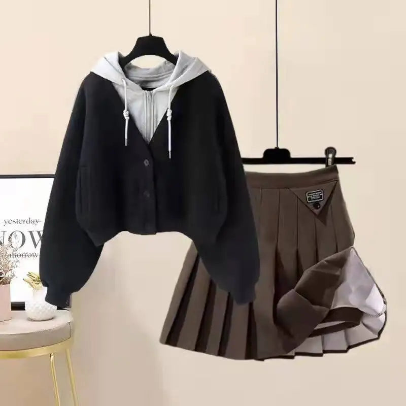 Plush Thickened Casual Long Sleeved Hooded Mini Pleated Skirt Two-piece Set Fashionable Women's Skirt Set