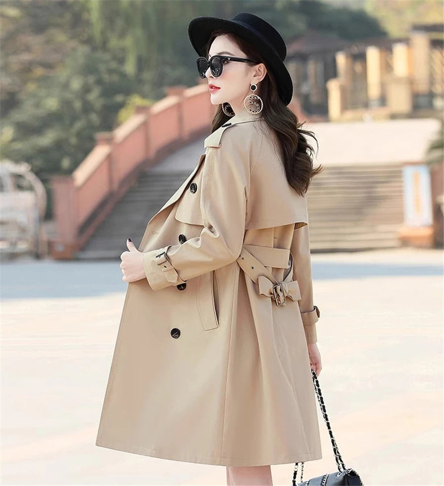 Khaki Long Trench Coats Women Casual Loose Jackets New Korean Double Breasted Gabardina Abrigos Turn-down Collar Windbreaker