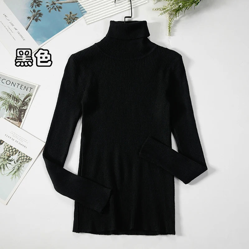 2024 Simple Women Turtleneck Sweater Winter Fashion Pullover Elastic Knit Ladies Jumper Casual Solid Black Female Basic Tops