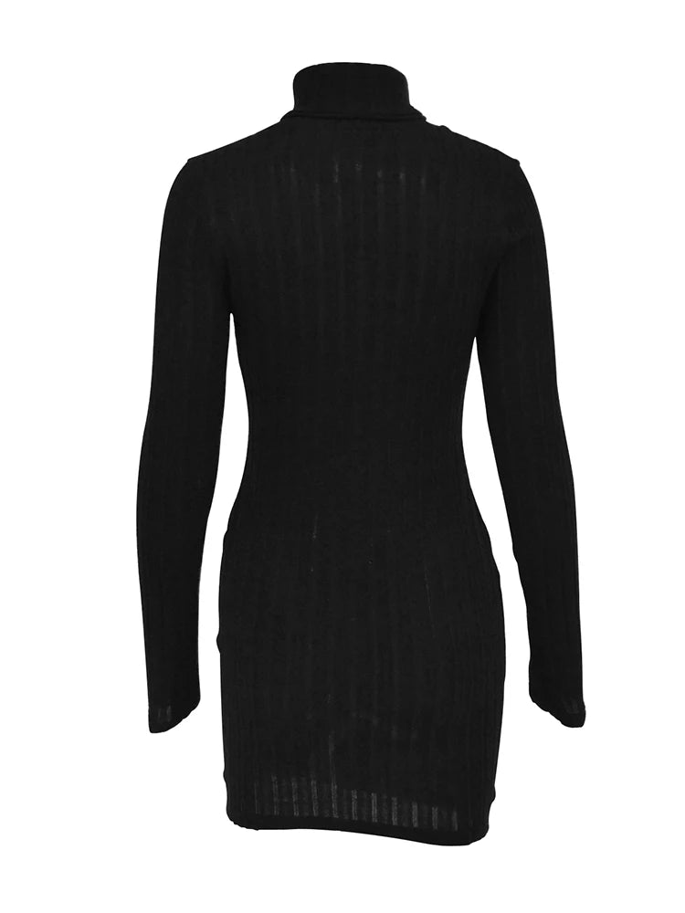 New Solid Dresses Autumn Winter Women Long Sleeves Turtleneck Sexy Bodycon Sheath Mini Dress Club Elegant Party Knitted Dresses