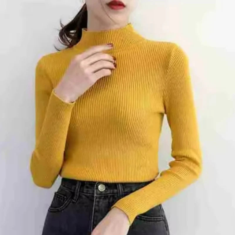 Autumn Winter Mock Neck Women Sweater Vintage Basic Solid Knitted Tops Casual Slim Pullover Korean Sweaters Simple Chic Jumpers