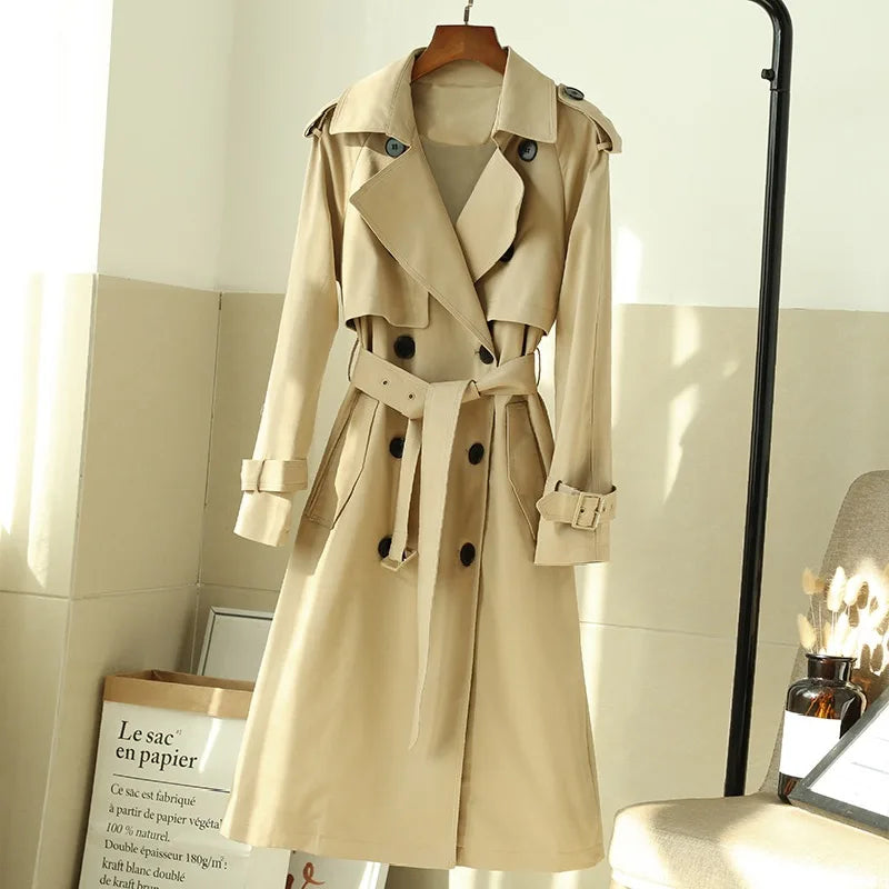 Khaki Long Trench Coats Women Casual Loose Jackets New Korean Double Breasted Gabardina Abrigos Turn-down Collar Windbreaker