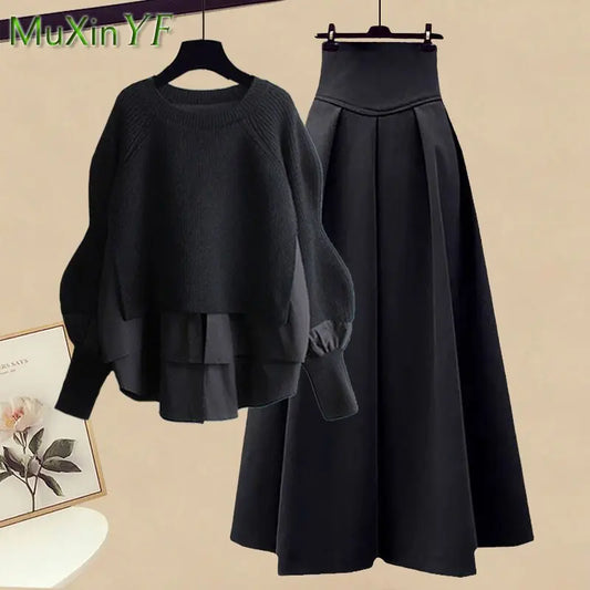 2025 Spring/Autumn New Korean Elegant Splice Fake Two Piece Knitted Sweater Dress Matching Set Women's Chic Pullover Skirt Set