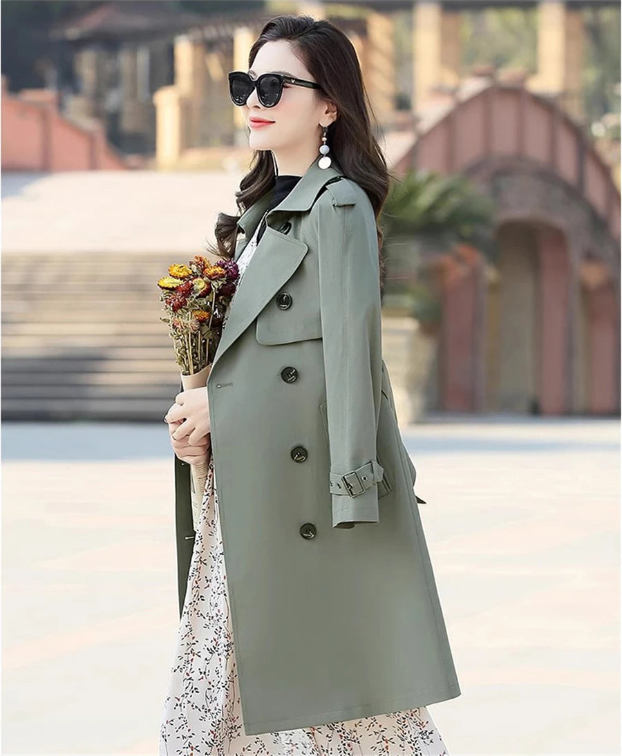 Khaki Long Trench Coats Women Casual Loose Jackets New Korean Double Breasted Gabardina Abrigos Turn-down Collar Windbreaker