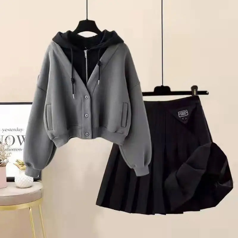 Plush Thickened Casual Long Sleeved Hooded Mini Pleated Skirt Two-piece Set Fashionable Women's Skirt Set