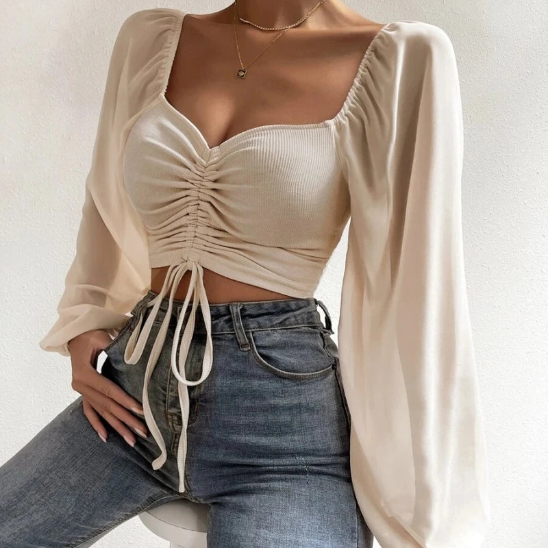 2024 Woman’s Tops Puff Sleeve Sexy Close-Fitting Summer and Spring Lace up V-neck Fashion Solid Color Simple Long Sleeve Hot