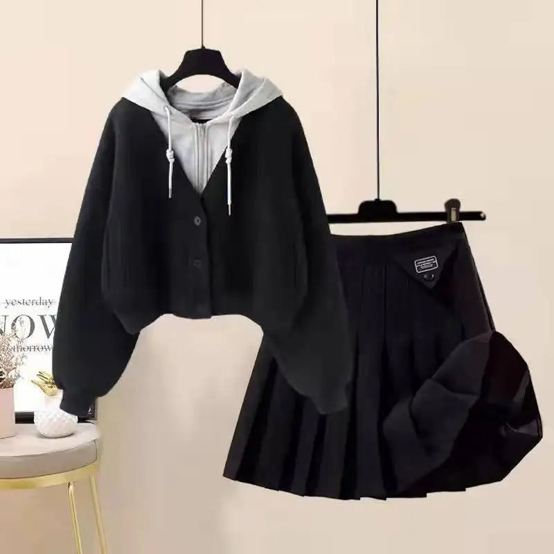 Plush Thickened Casual Long Sleeved Hooded Mini Pleated Skirt Two-piece Set Fashionable Women's Skirt Set