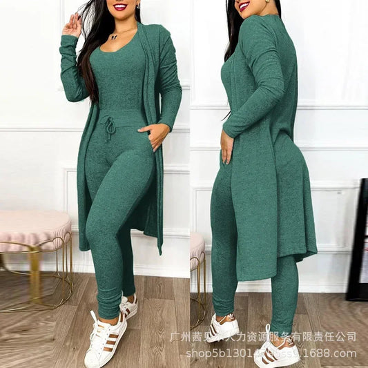 Elegant Women Autumn Tracksuit Two Piece Set Long Cardigan Coat Tops Sleeveless Jumpsuit Pants Suit Matching Outfits Casual