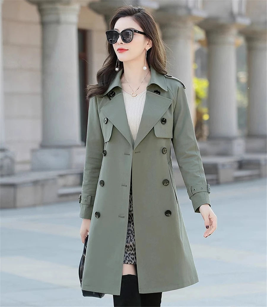 Khaki Long Trench Coats Women Casual Loose Jackets New Korean Double Breasted Gabardina Abrigos Turn-down Collar Windbreaker