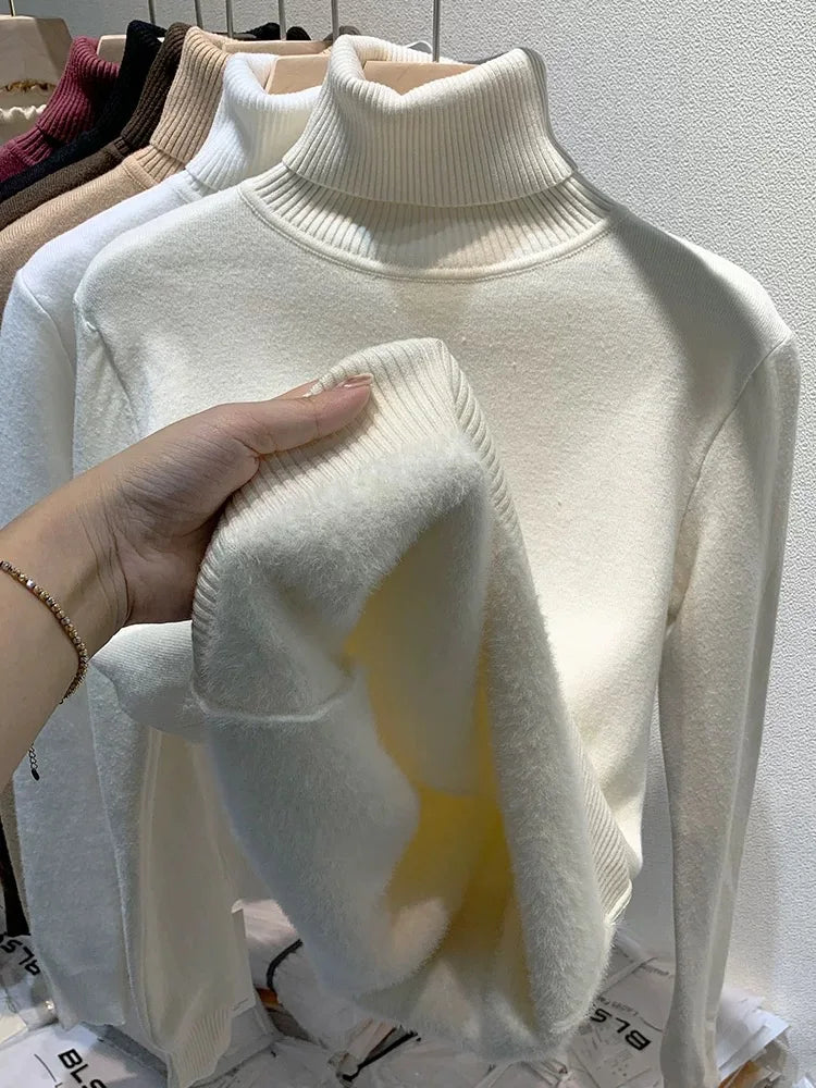 Turtleneck Winter Sweater Women Elegant Thicken Velvet Lined Warm Sueter Knitted Pullover Slim Tops Jersey Knitwear Jumper New