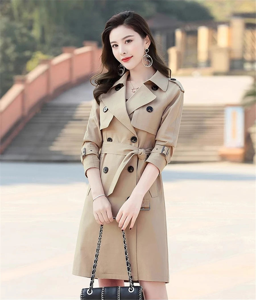 Khaki Long Trench Coats Women Casual Loose Jackets New Korean Double Breasted Gabardina Abrigos Turn-down Collar Windbreaker