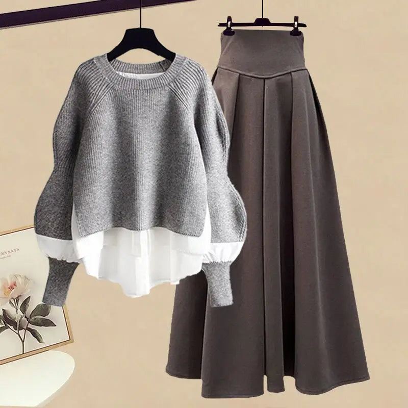 2025 Spring/Autumn New Korean Elegant Splice Fake Two Piece Knitted Sweater Dress Matching Set Women's Chic Pullover Skirt Set