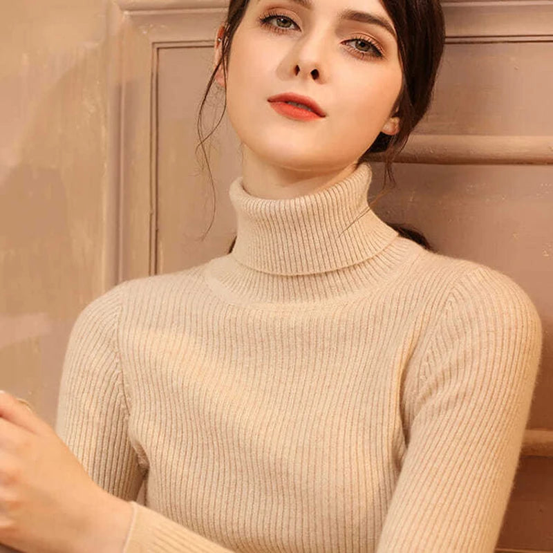 2024 Simple Women Turtleneck Sweater Winter Fashion Pullover Elastic Knit Ladies Jumper Casual Solid Black Female Basic Tops