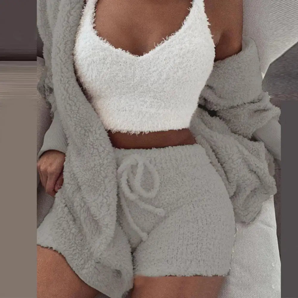 3Pcs Women Cardigan Crop Top Shorts Set Autumn Plush Sexy Vest Long Sleeve Coat Drawstring Shorts Suit Sports Outfits