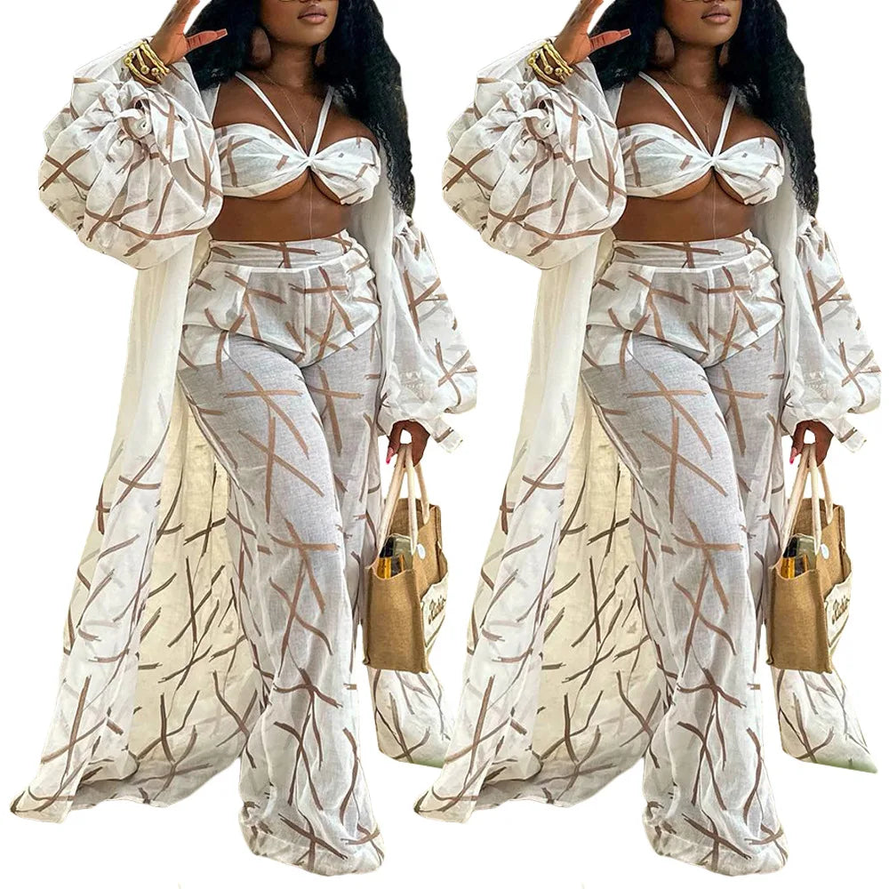 Pant Sets Women Solid Three Piece Set Loose Cardigan Long Shirt Vest Wide Leg Long Pants Suit Splice High Waist Sexy Beach