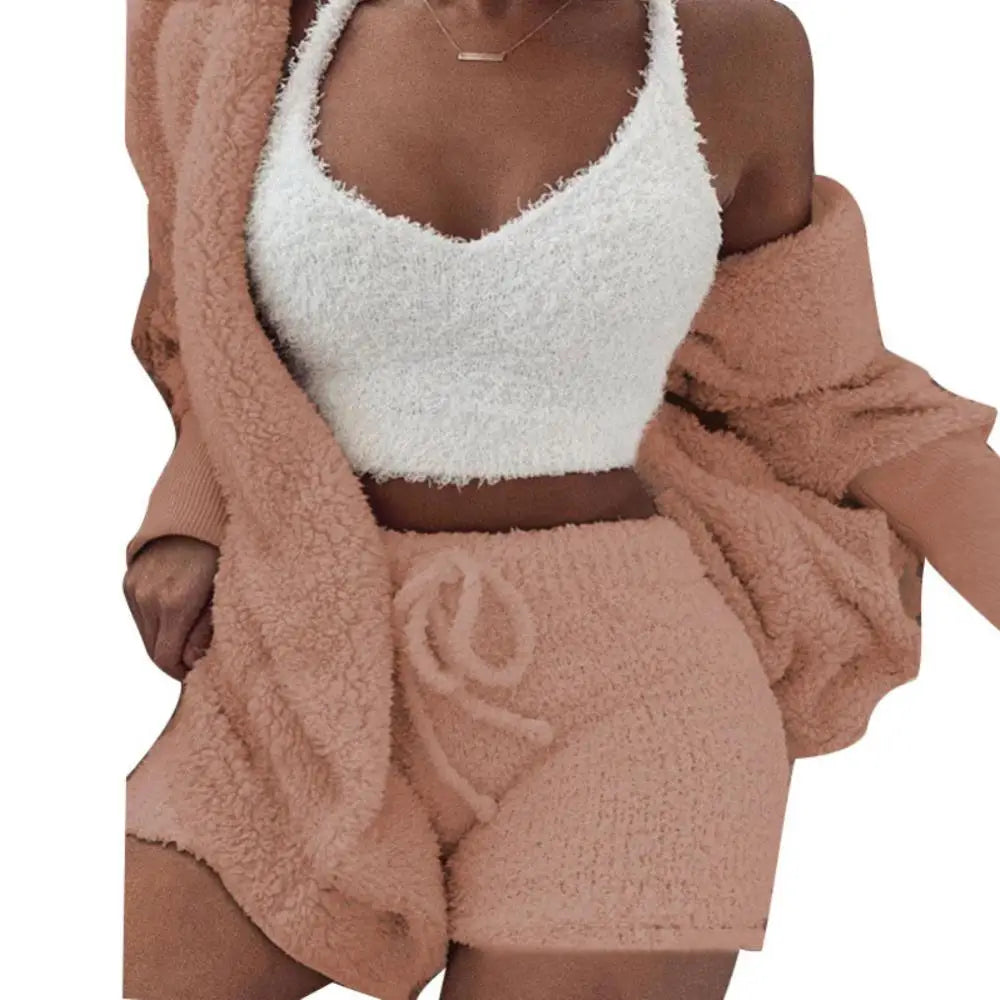 3Pcs Women Cardigan Crop Top Shorts Set Autumn Plush Sexy Vest Long Sleeve Coat Drawstring Shorts Suit Sports Outfits