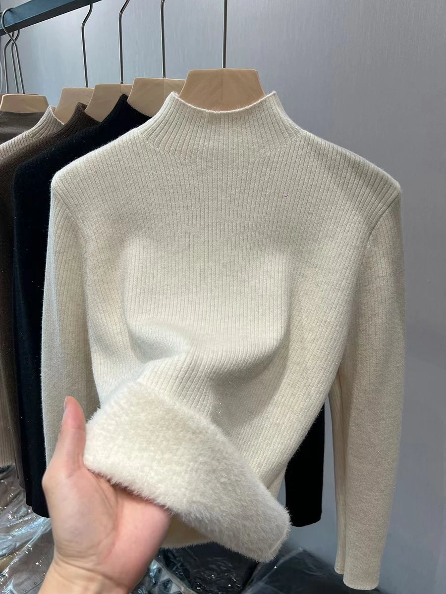 Turtleneck Winter Sweater Women Elegant Thicken Velvet Lined Warm Sueter Knitted Pullover Slim Tops Jersey Knitwear Jumper New