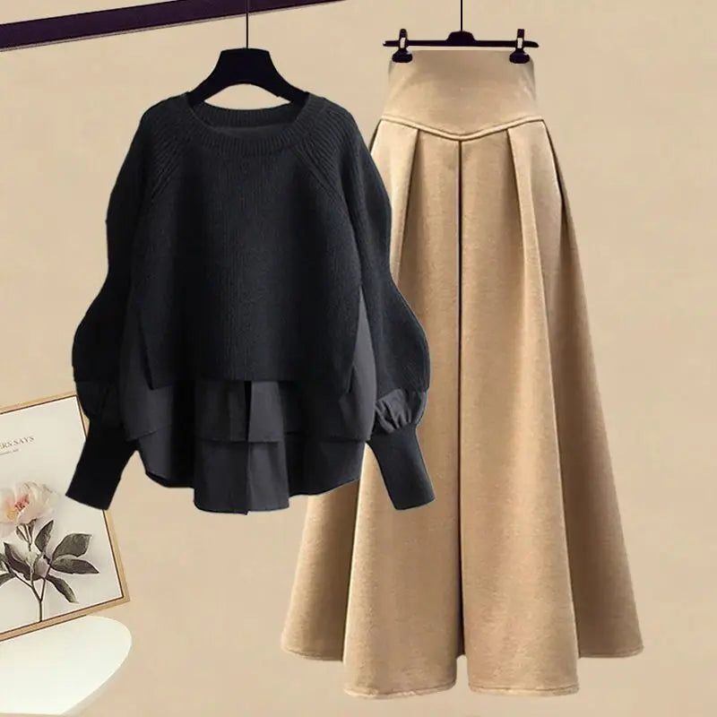 2025 Spring/Autumn New Korean Elegant Splice Fake Two Piece Knitted Sweater Dress Matching Set Women's Chic Pullover Skirt Set