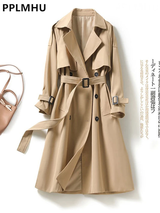 Khaki Long Trench Coats Women Casual Loose Jackets New Korean Double Breasted Gabardina Abrigos Turn-down Collar Windbreaker