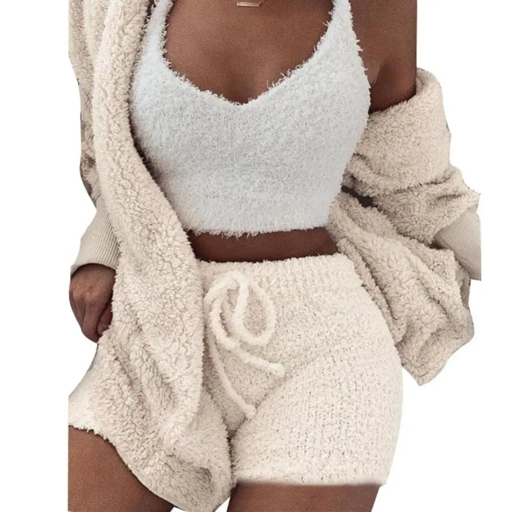 3Pcs Women Cardigan Crop Top Shorts Set Autumn Plush Sexy Vest Long Sleeve Coat Drawstring Shorts Suit Sports Outfits