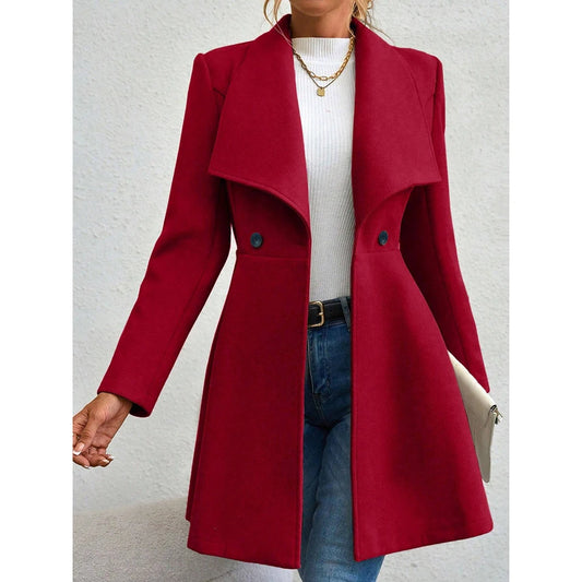 Mia Muse Women's Coat Winter Solid Color Long Sleeve Lapel Button-Up Work Coats New Year Red Valentine's Day Gift Outerwears