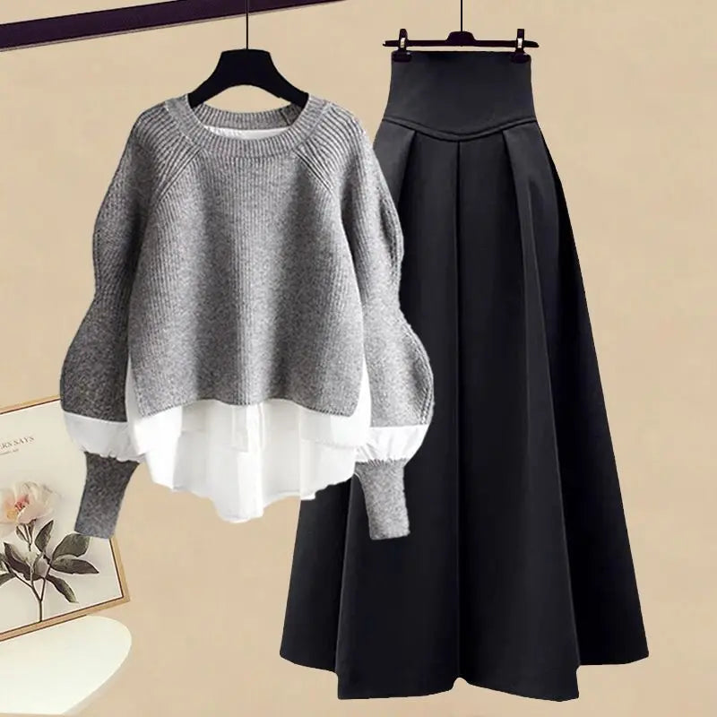 2025 Spring/Autumn New Korean Elegant Splice Fake Two Piece Knitted Sweater Dress Matching Set Women's Chic Pullover Skirt Set