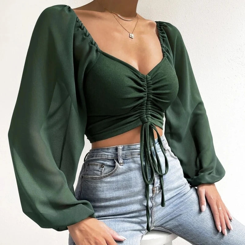 2024 Woman’s Tops Puff Sleeve Sexy Close-Fitting Summer and Spring Lace up V-neck Fashion Solid Color Simple Long Sleeve Hot