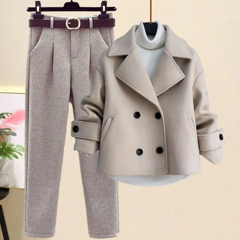 2024 Autumn Winter Wool Suit Jacket Jacket Long Sleeve Knitted Sweater Casual Trousers Three Piece Set Elegant Women's Pant Set