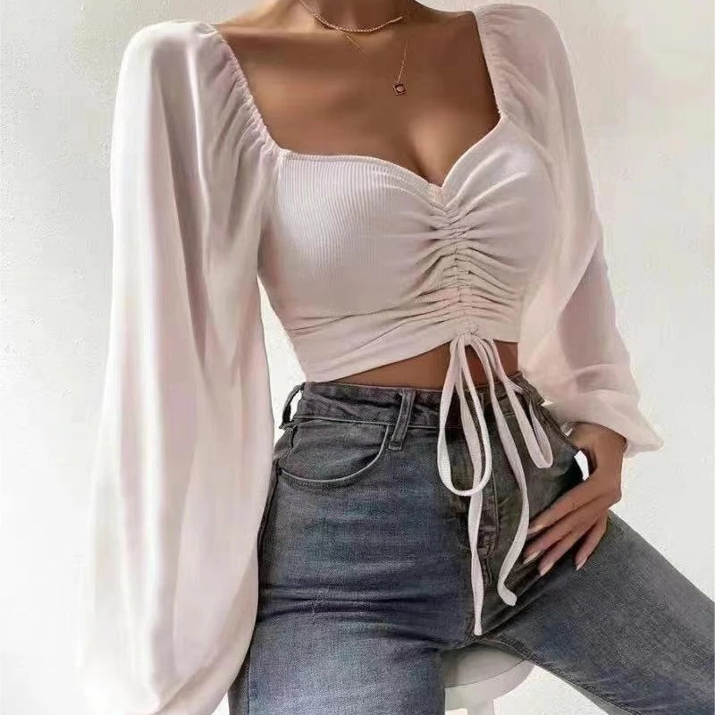 2024 Woman’s Tops Puff Sleeve Sexy Close-Fitting Summer and Spring Lace up V-neck Fashion Solid Color Simple Long Sleeve Hot