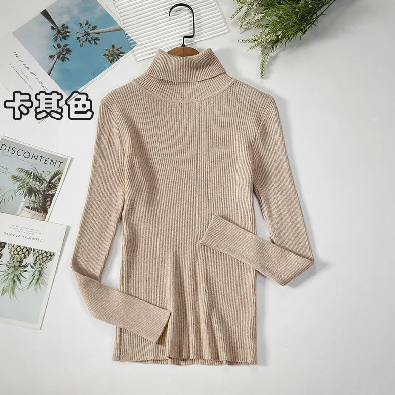 2024 Simple Women Turtleneck Sweater Winter Fashion Pullover Elastic Knit Ladies Jumper Casual Solid Black Female Basic Tops