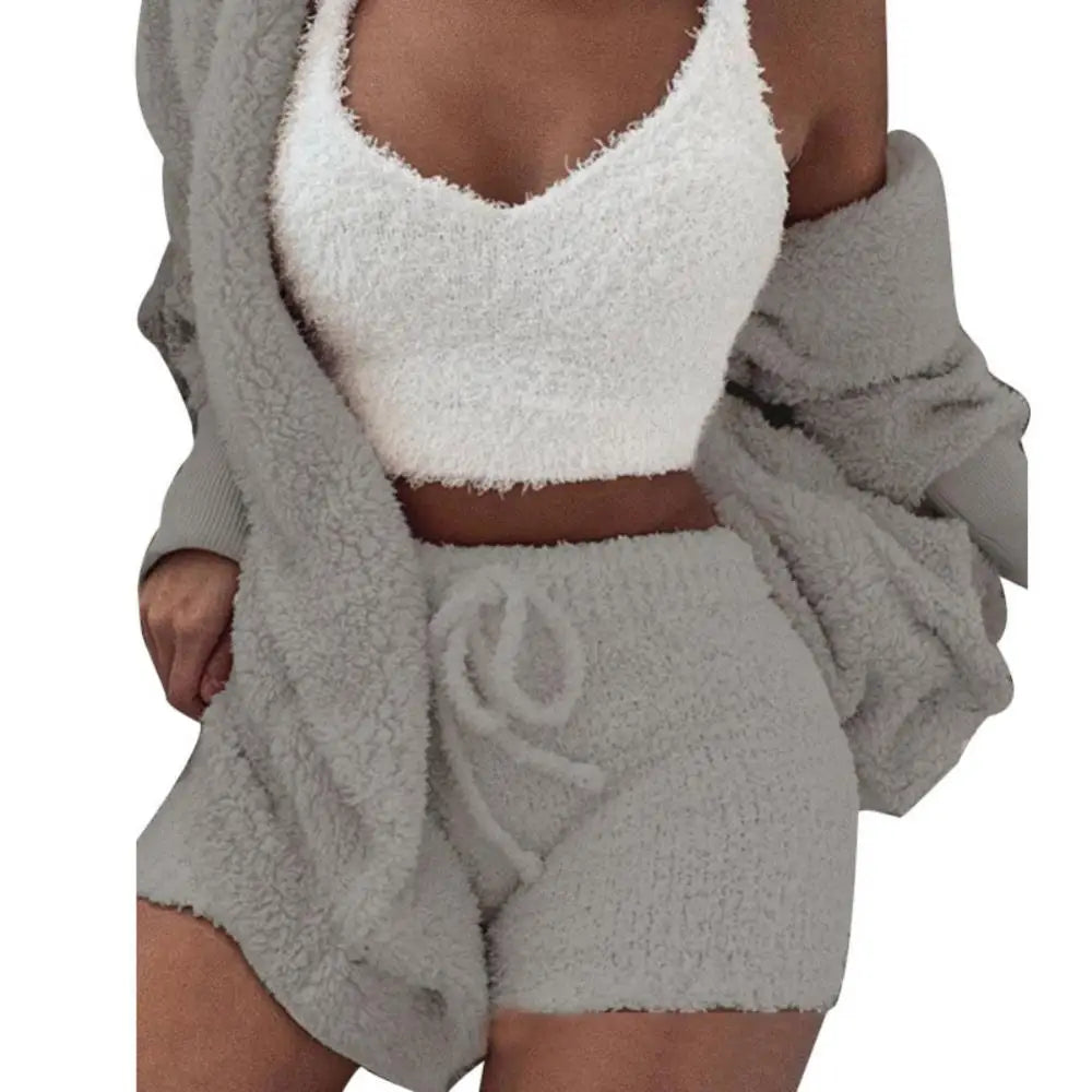 3Pcs Women Cardigan Crop Top Shorts Set Autumn Plush Sexy Vest Long Sleeve Coat Drawstring Shorts Suit Sports Outfits