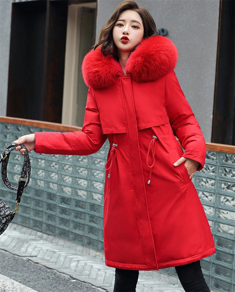 Winter Jacket 2023 New Women Parka Clothes Long Coat Wool Liner Hooded Jacket Fur Collar Thick Warm Snow Wear Padded Parka 6XL