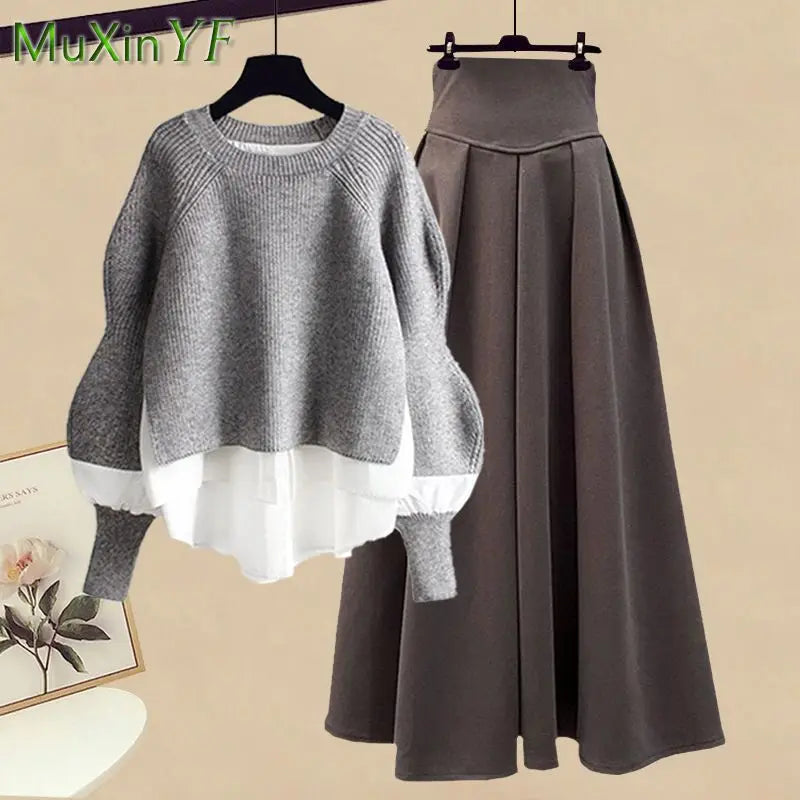 2025 Spring/Autumn New Korean Elegant Splice Fake Two Piece Knitted Sweater Dress Matching Set Women's Chic Pullover Skirt Set