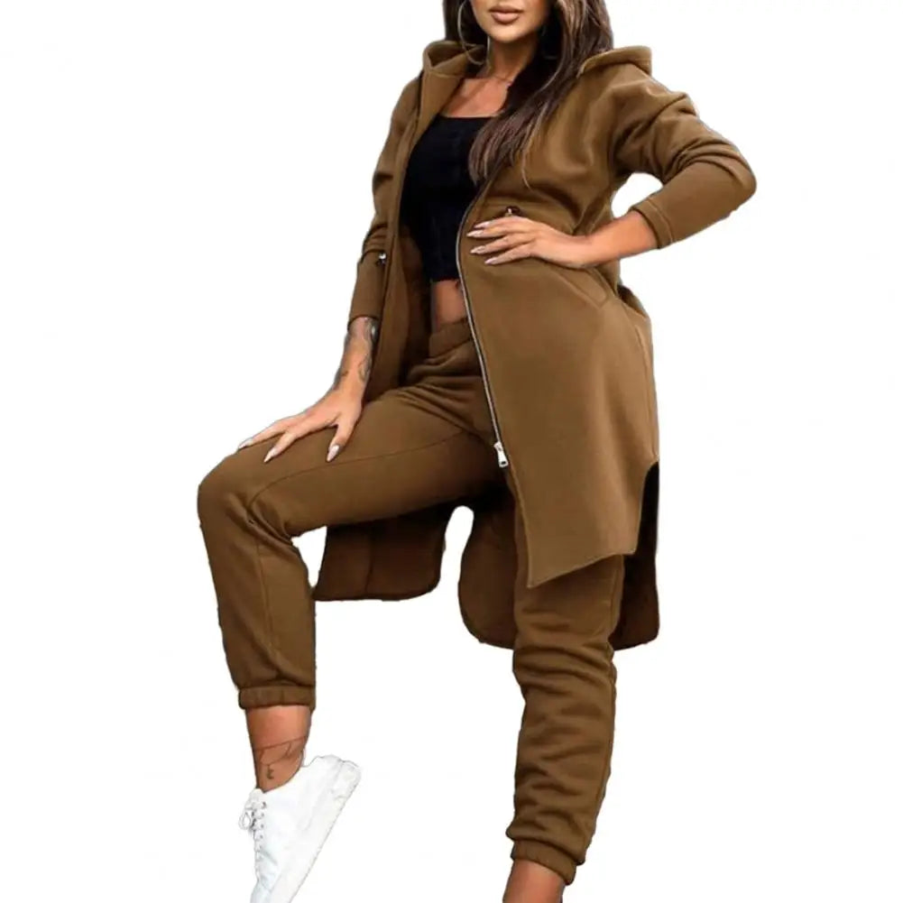 Women Two-piece Tracksuit Set Women Suit Women's Hooded Coat Pants Set with Irregular Split Hem Long Sleeve Fleece Tracksuit