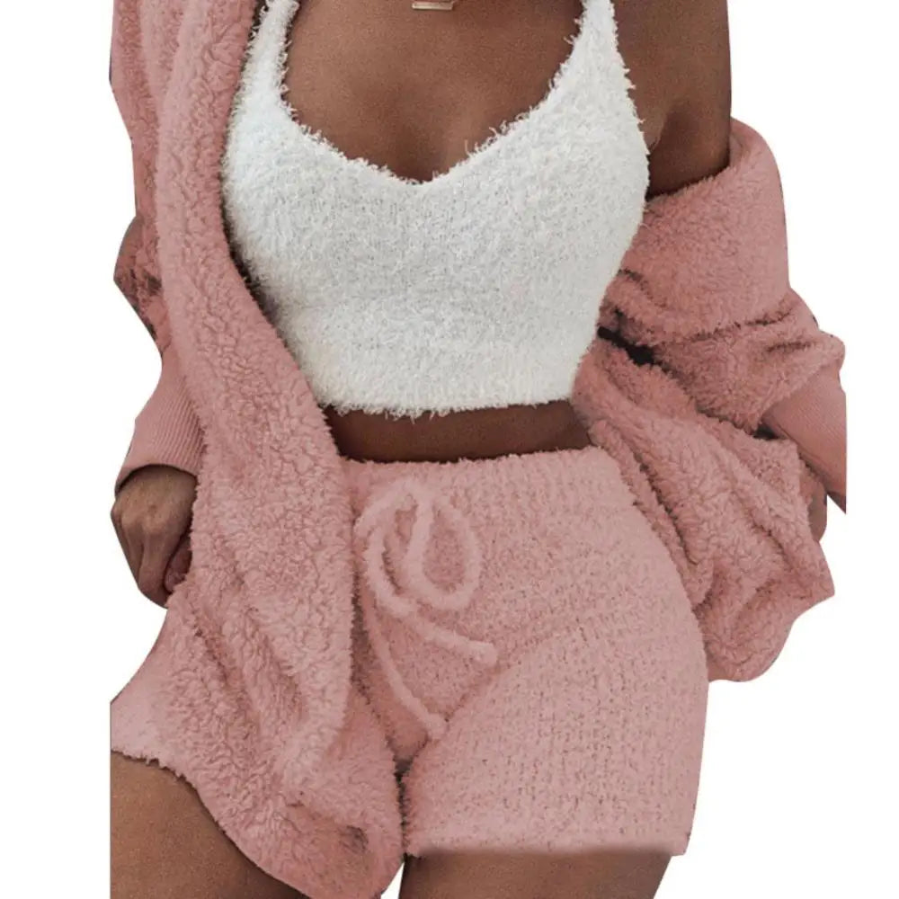 3Pcs Women Cardigan Crop Top Shorts Set Autumn Plush Sexy Vest Long Sleeve Coat Drawstring Shorts Suit Sports Outfits