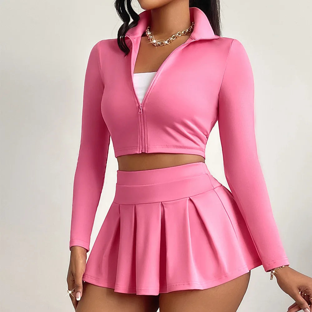 Pink Sport Women Set Long Sleeves Zip Short Jacket Top + Pleated Mini Skirt Fitness Yoga Tight Casual Suit Running Gym Jacket