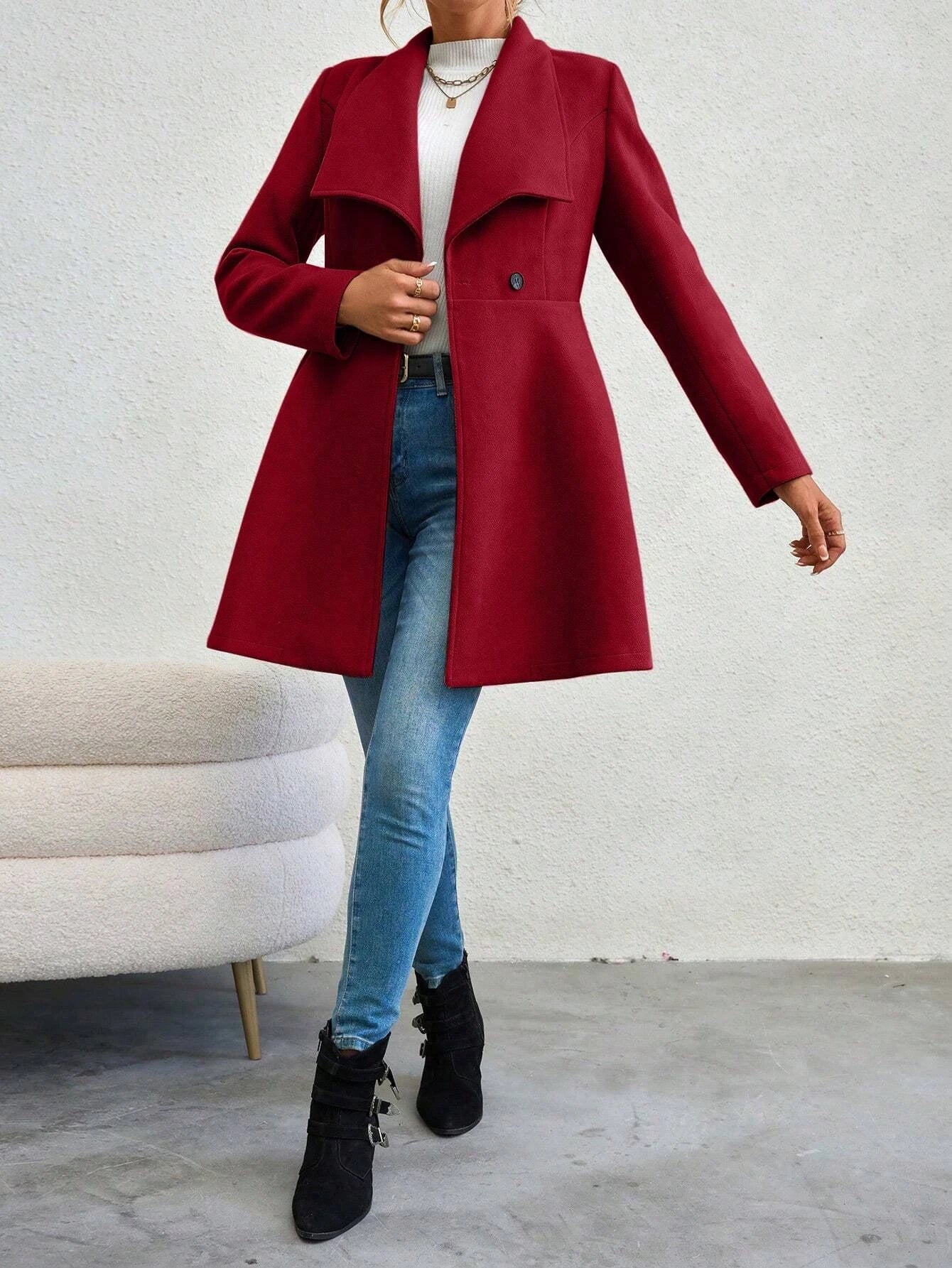 Mia Muse Women's Coat Winter Solid Color Long Sleeve Lapel Button-Up Work Coats New Year Red Valentine's Day Gift Outerwears